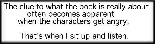 The clue to what the book is really about often becomes apparent when the characters get angry. That's when I sit up and listen.